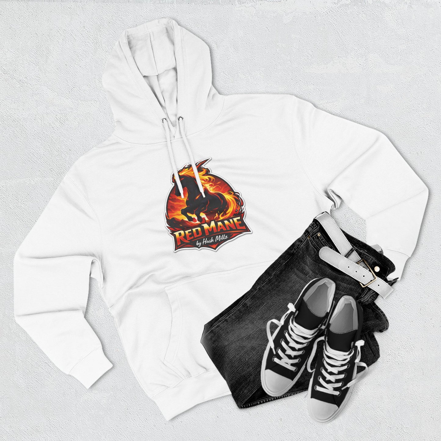 Red Mane Lion Logo Hoodie — Flame Graphic Three-Panel Fleece Hoodie