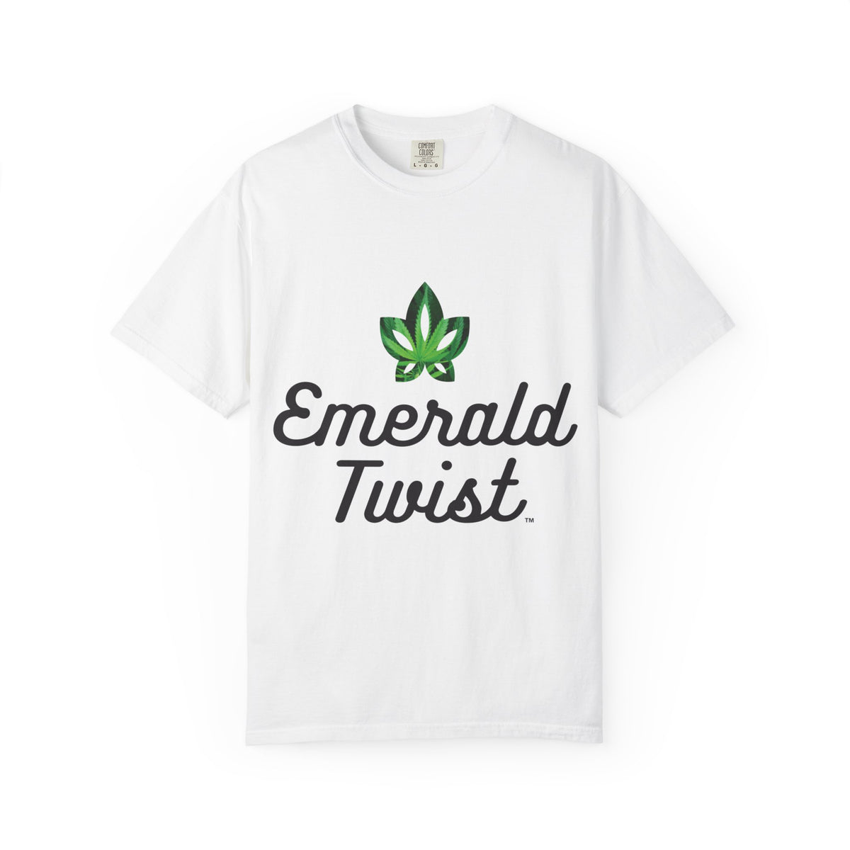 Emerald Twist T-Shirt — Retro Script Tee with Green Leaf Logo