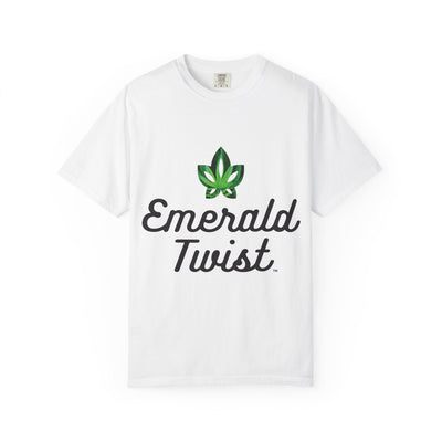 Emerald Twist T-Shirt — Retro Script Tee with Green Leaf Logo