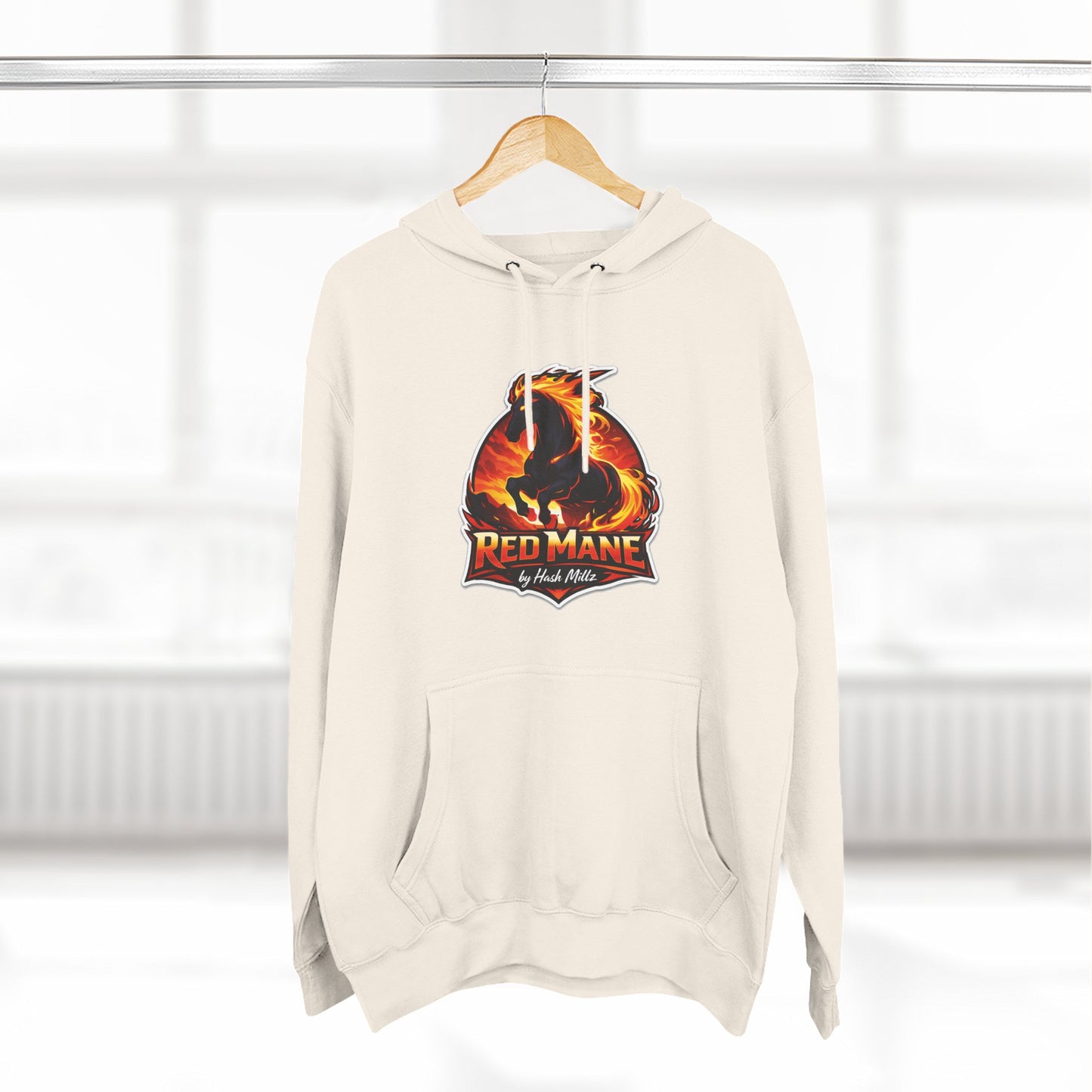 Red Mane Lion Logo Hoodie — Flame Graphic Three-Panel Fleece Hoodie
