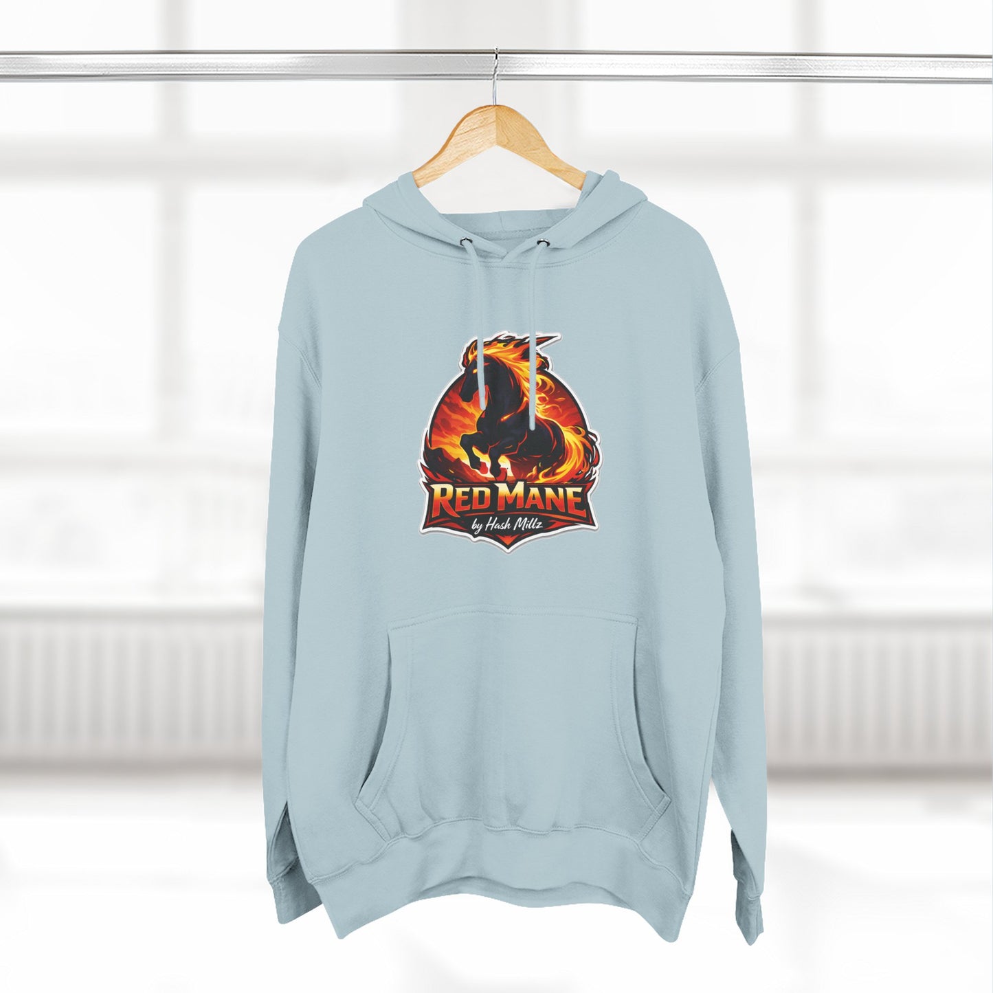 Red Mane Lion Logo Hoodie — Flame Graphic Three-Panel Fleece Hoodie