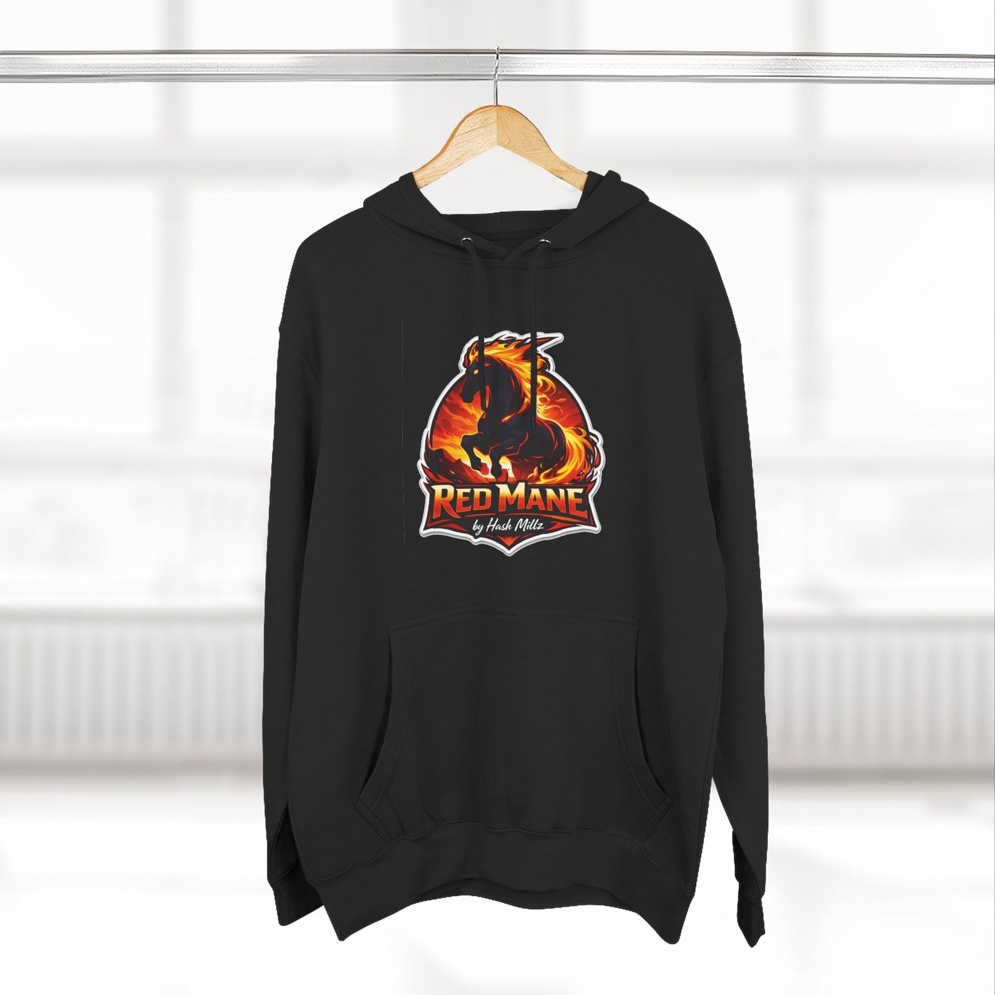 Red Mane Lion Logo Hoodie — Flame Graphic Three-Panel Fleece Hoodie