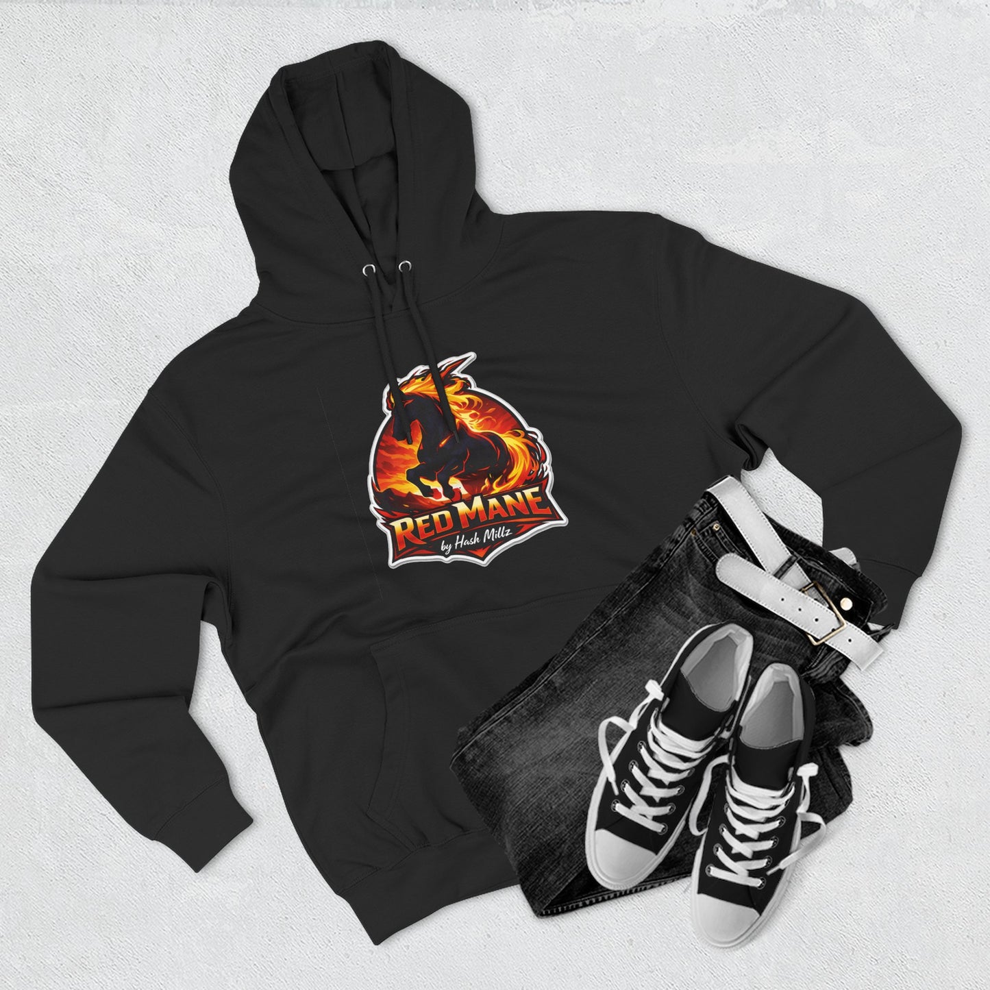 Red Mane Lion Logo Hoodie — Flame Graphic Three-Panel Fleece Hoodie