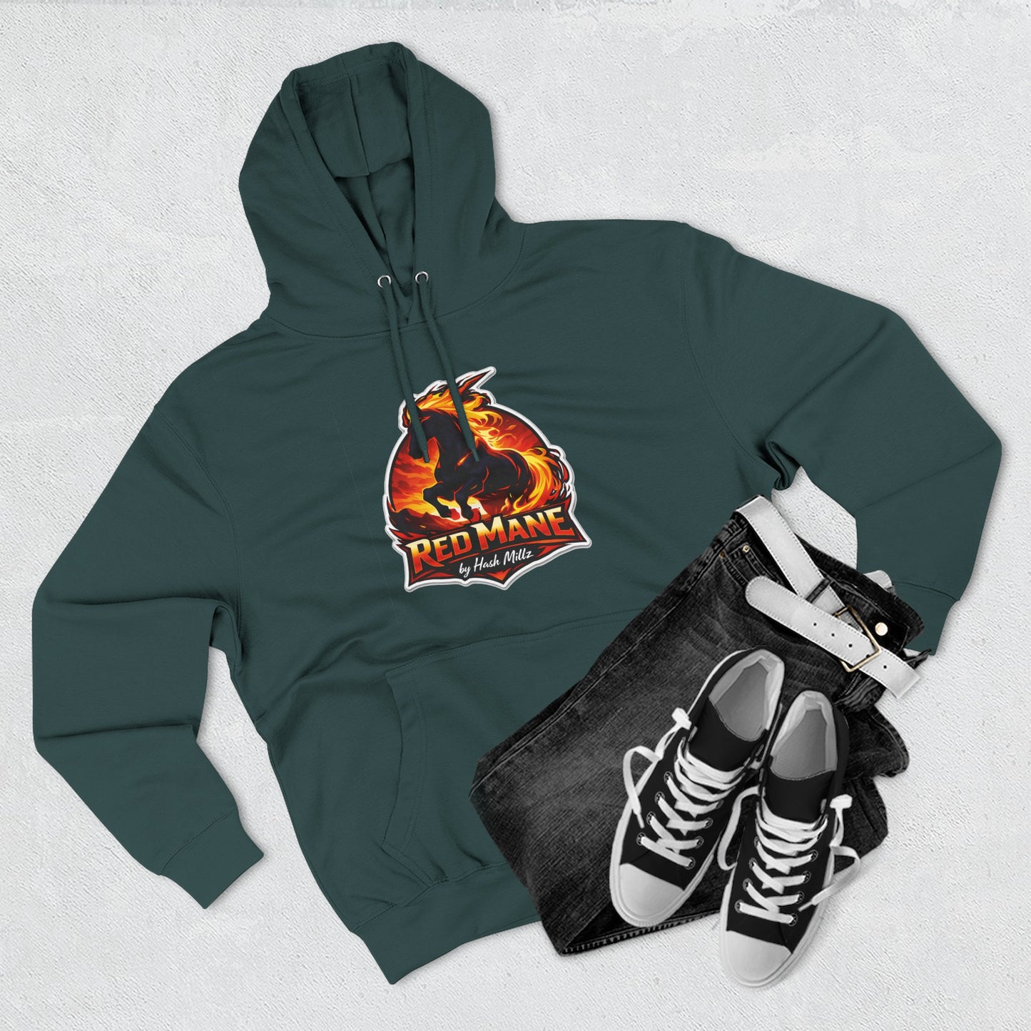 Red Mane Lion Logo Hoodie — Flame Graphic Three-Panel Fleece Hoodie