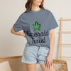 Emerald Twist T-Shirt — Retro Script Tee with Green Leaf Logo