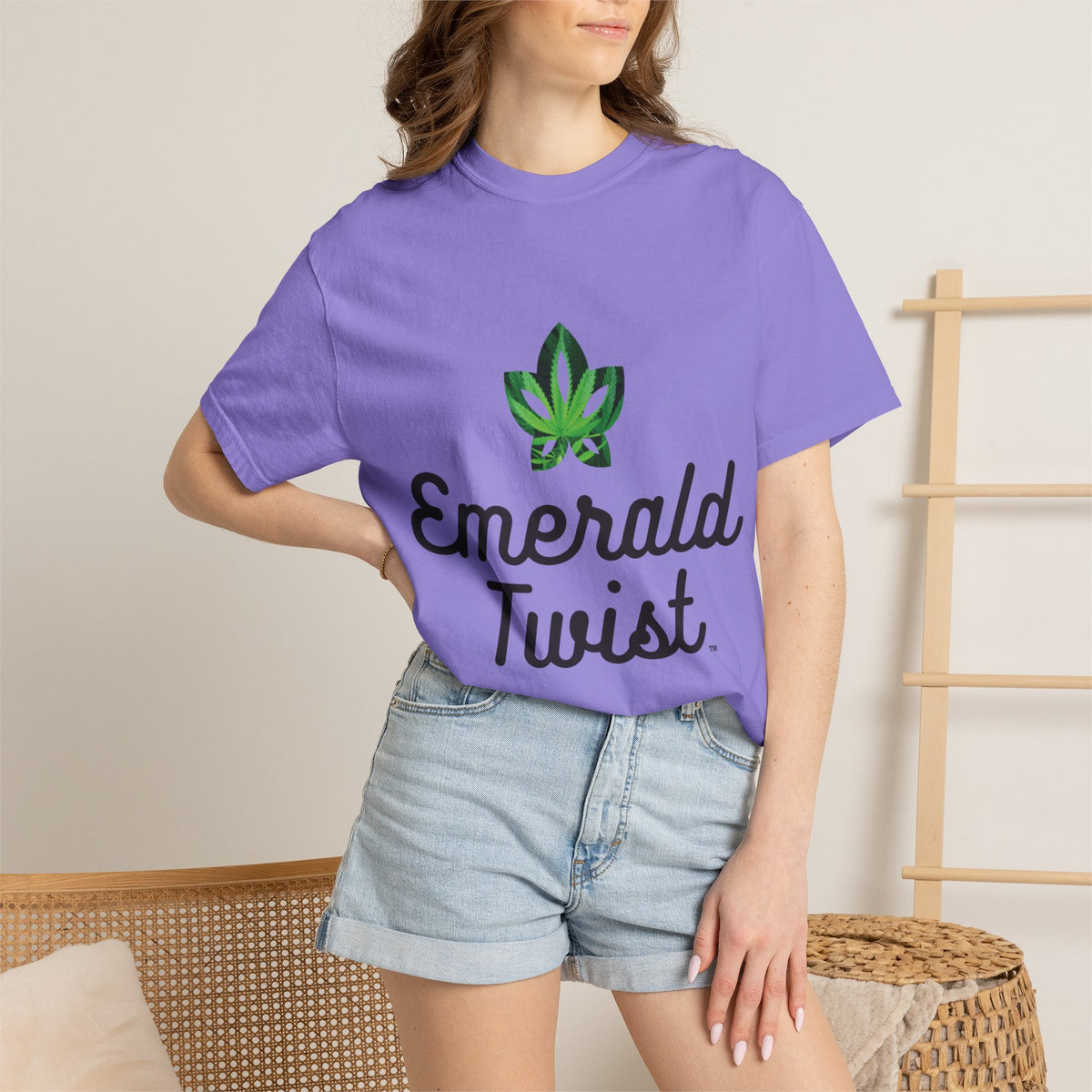Emerald Twist T-Shirt — Retro Script Tee with Green Leaf Logo