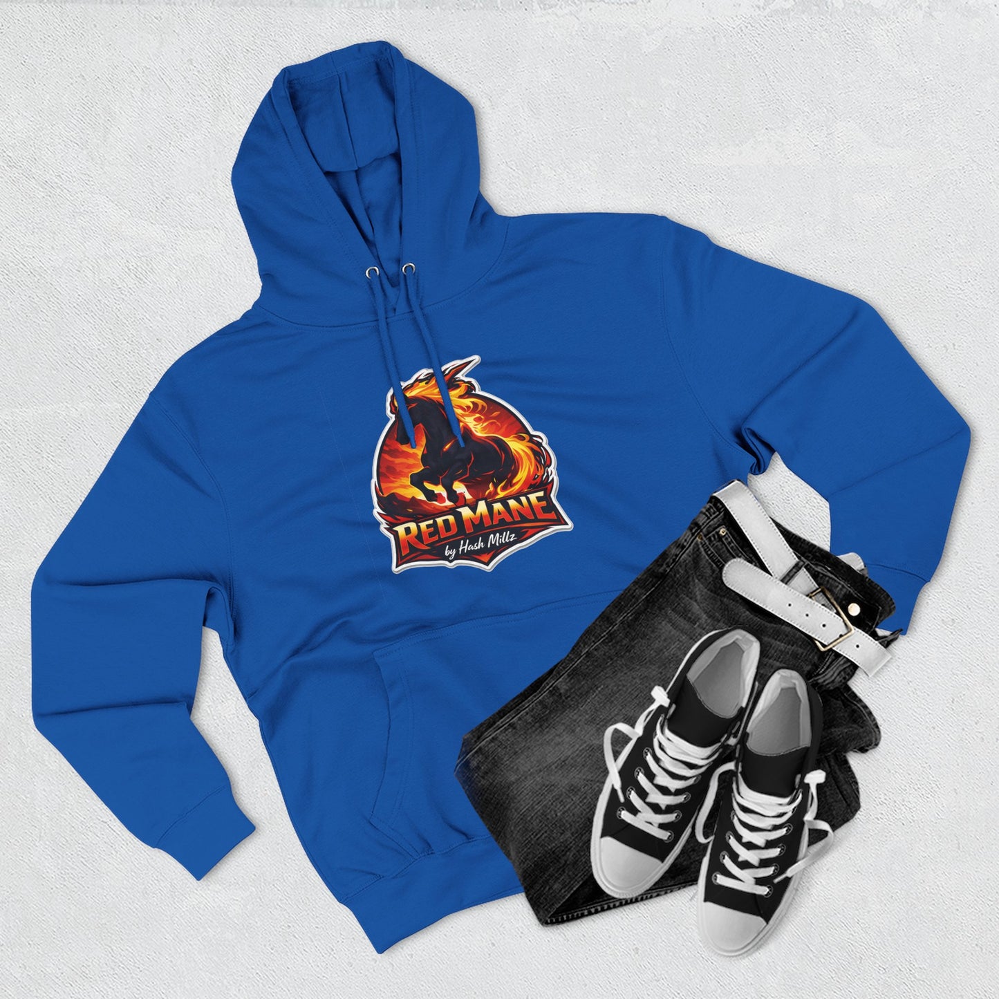 Red Mane Lion Logo Hoodie — Flame Graphic Three-Panel Fleece Hoodie
