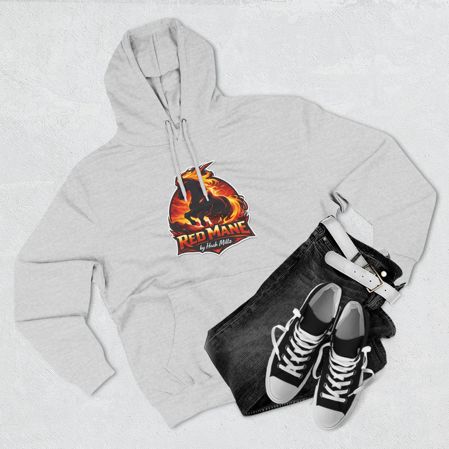 Red Mane Lion Logo Hoodie — Flame Graphic Three-Panel Fleece Hoodie