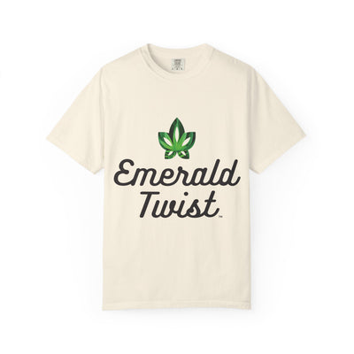 Emerald Twist T-Shirt — Retro Script Tee with Green Leaf Logo
