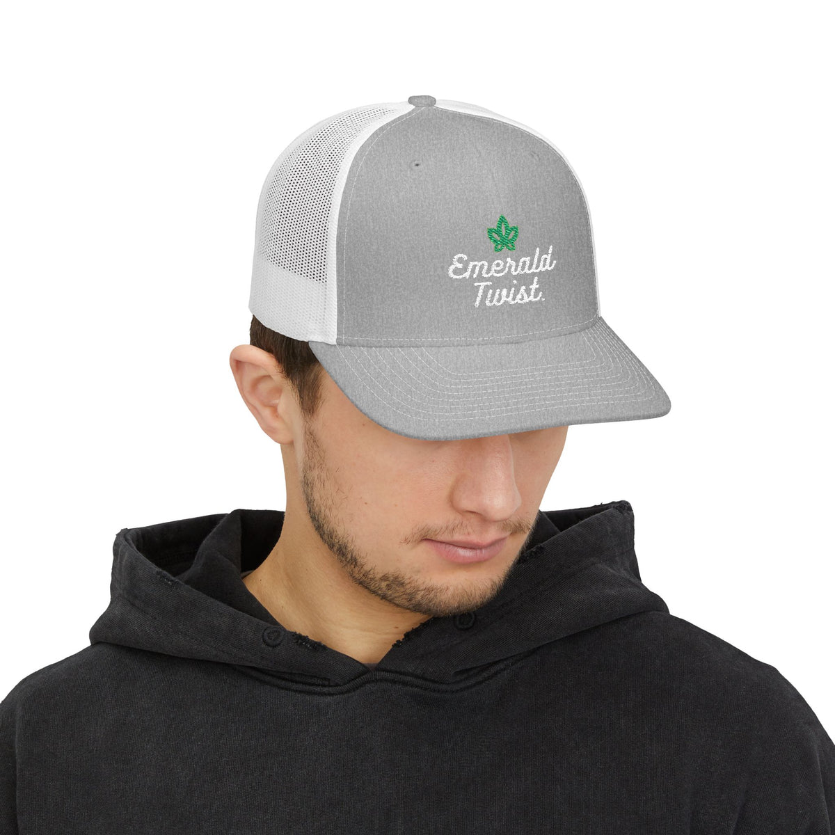 Emerald Twist Trucker Cap – Embroidered Leaf Snapback Hat