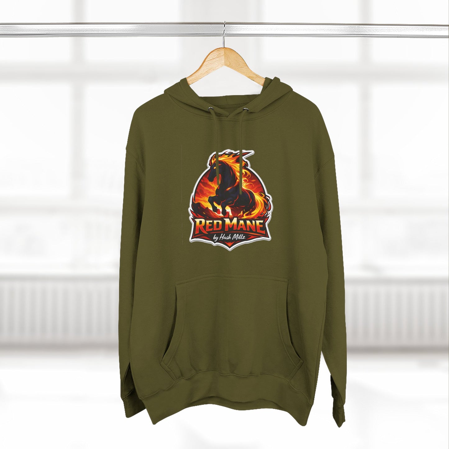 Red Mane Lion Logo Hoodie — Flame Graphic Three-Panel Fleece Hoodie