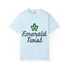 Emerald Twist T-Shirt — Retro Script Tee with Green Leaf Logo