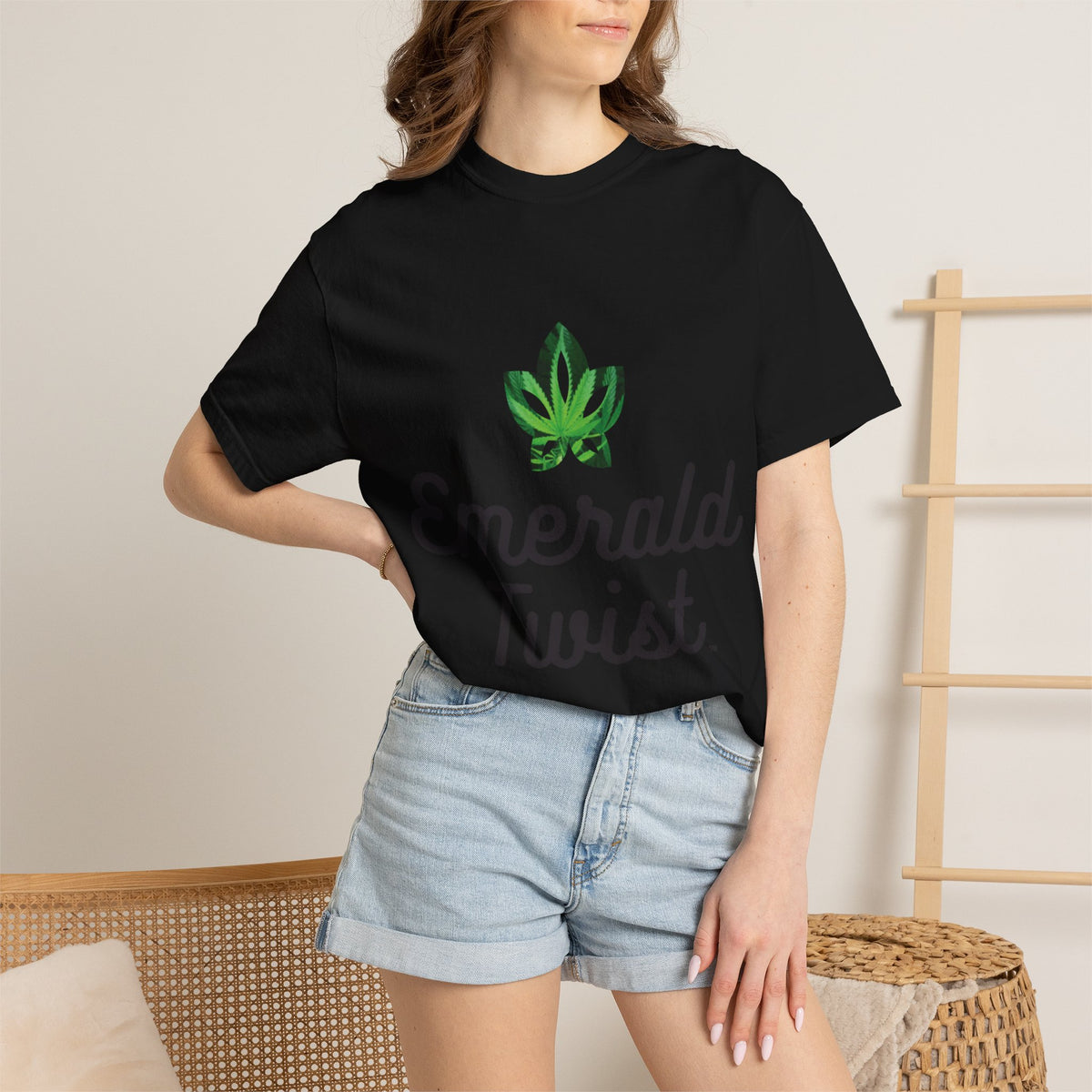 Emerald Twist T-Shirt — Retro Script Tee with Green Leaf Logo