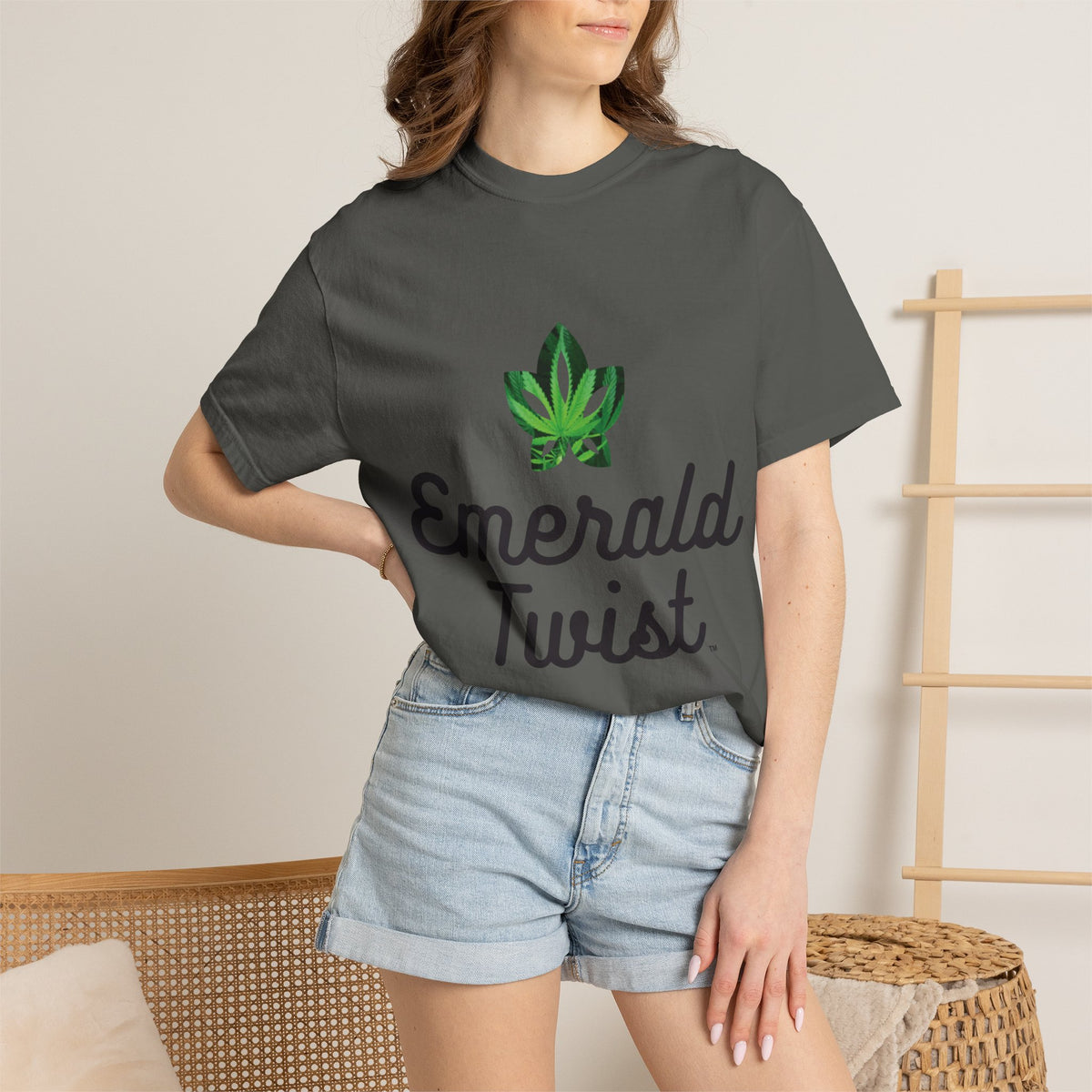 Emerald Twist T-Shirt — Retro Script Tee with Green Leaf Logo