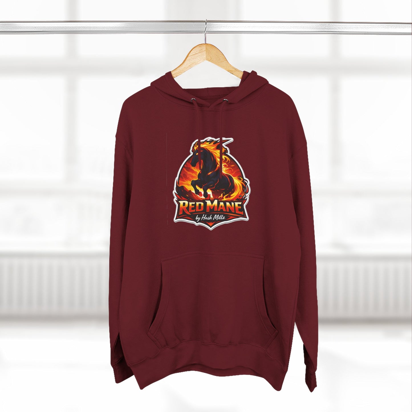 Red Mane Lion Logo Hoodie — Flame Graphic Three-Panel Fleece Hoodie