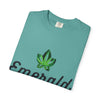 Emerald Twist T-Shirt — Retro Script Tee with Green Leaf Logo
