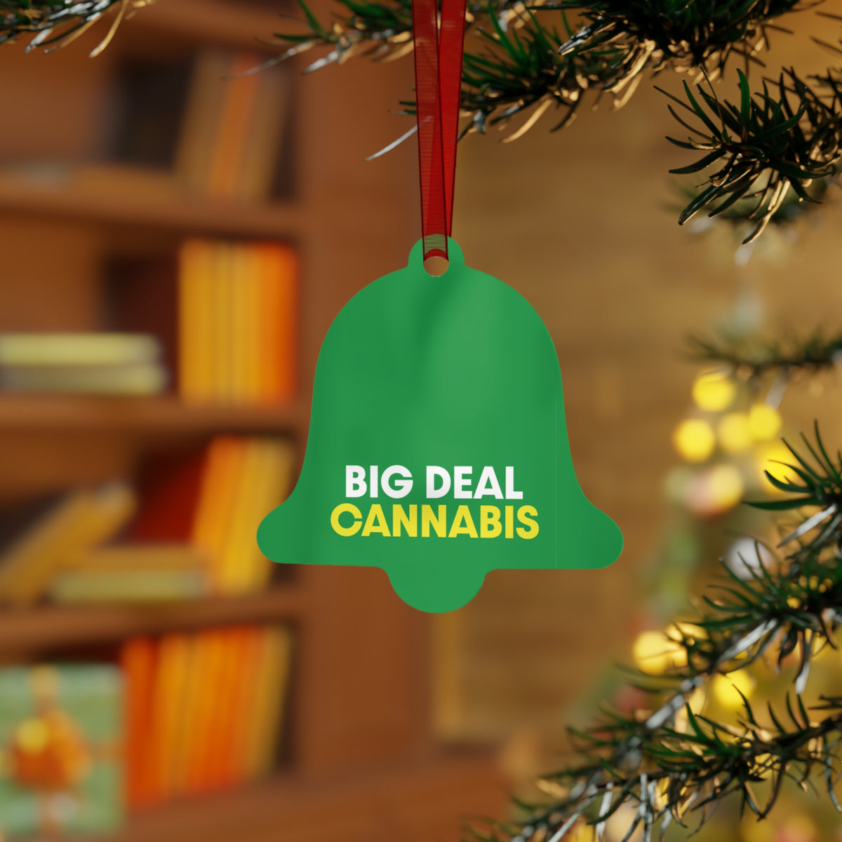 Metal Ornament – "Big Deal Cannabis" Green Bell Holiday Decoration