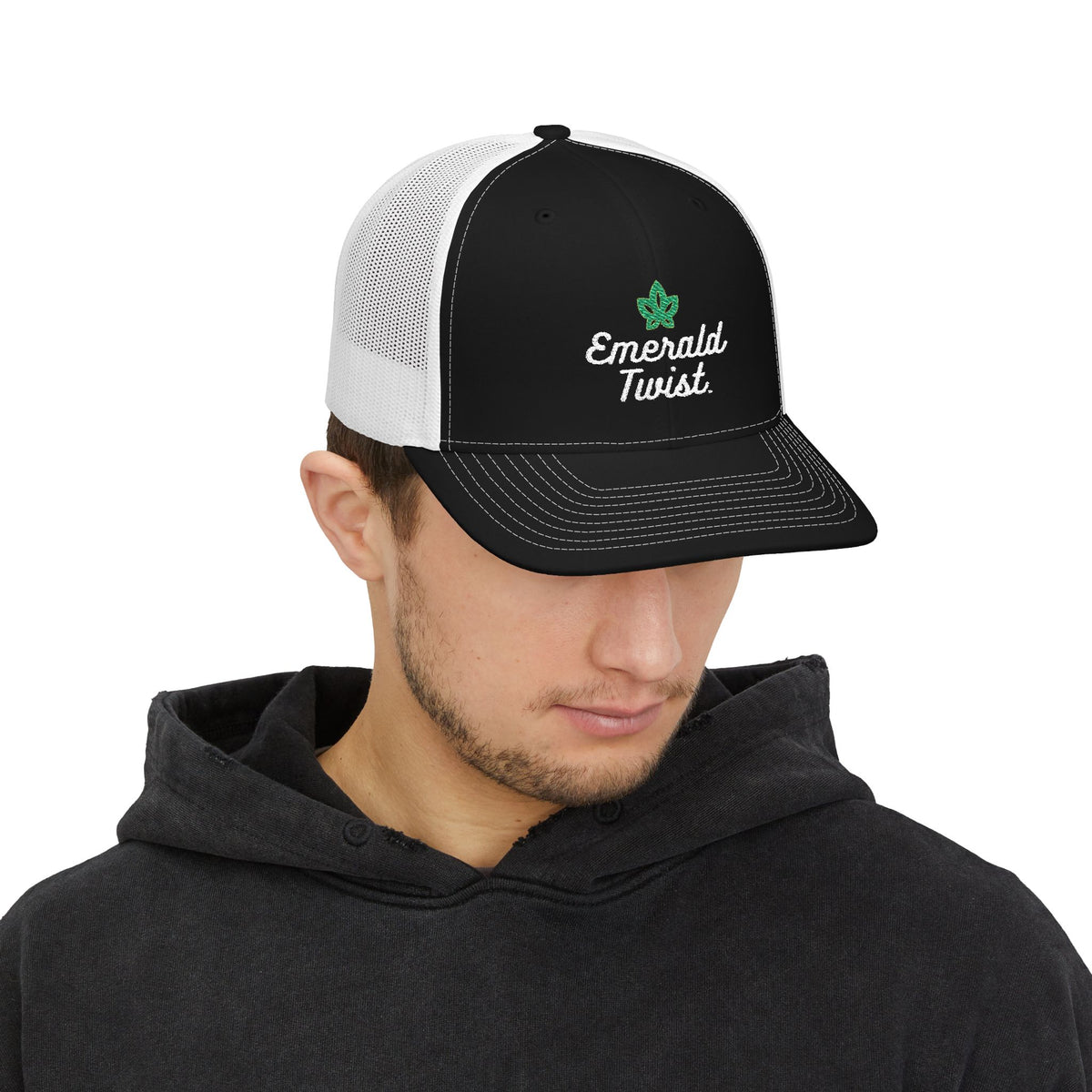 Emerald Twist Trucker Cap – Embroidered Leaf Snapback Hat