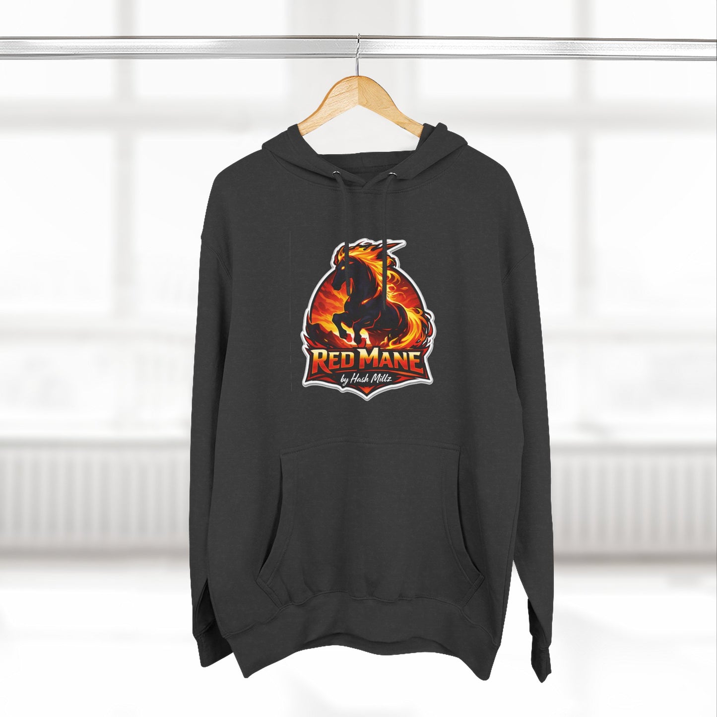 Red Mane Lion Logo Hoodie — Flame Graphic Three-Panel Fleece Hoodie