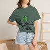 Emerald Twist T-Shirt — Retro Script Tee with Green Leaf Logo