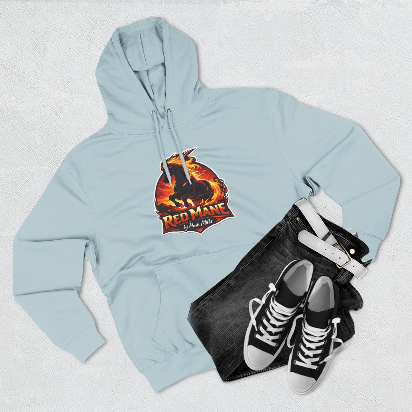 Red Mane Lion Logo Hoodie — Flame Graphic Three-Panel Fleece Hoodie