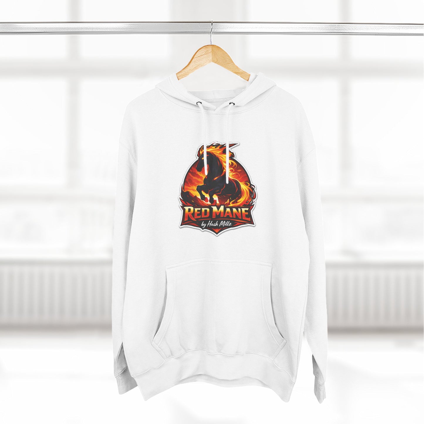 Red Mane Lion Logo Hoodie — Flame Graphic Three-Panel Fleece Hoodie