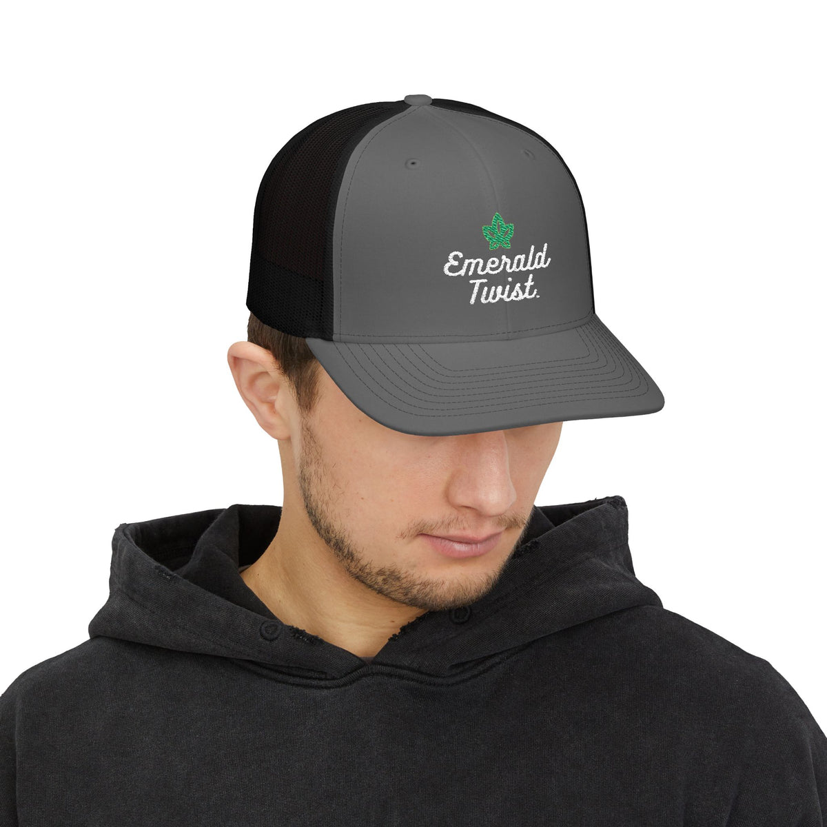 Emerald Twist Trucker Cap – Embroidered Leaf Snapback Hat