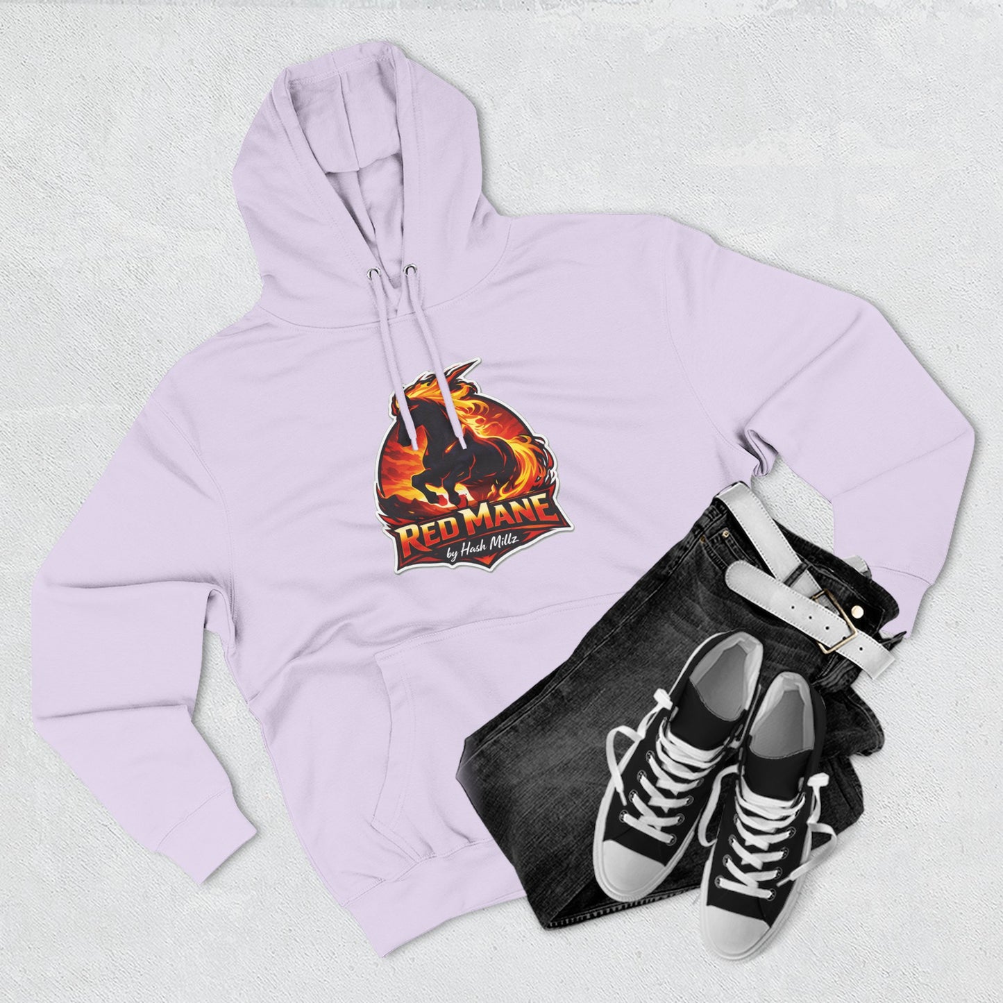 Red Mane Lion Logo Hoodie — Flame Graphic Three-Panel Fleece Hoodie