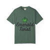 Emerald Twist T-Shirt — Retro Script Tee with Green Leaf Logo