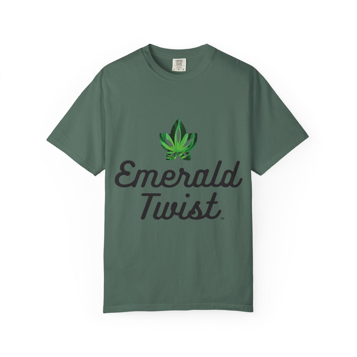 Emerald Twist T-Shirt — Retro Script Tee with Green Leaf Logo