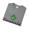 Emerald Twist T-Shirt — Retro Script Tee with Green Leaf Logo