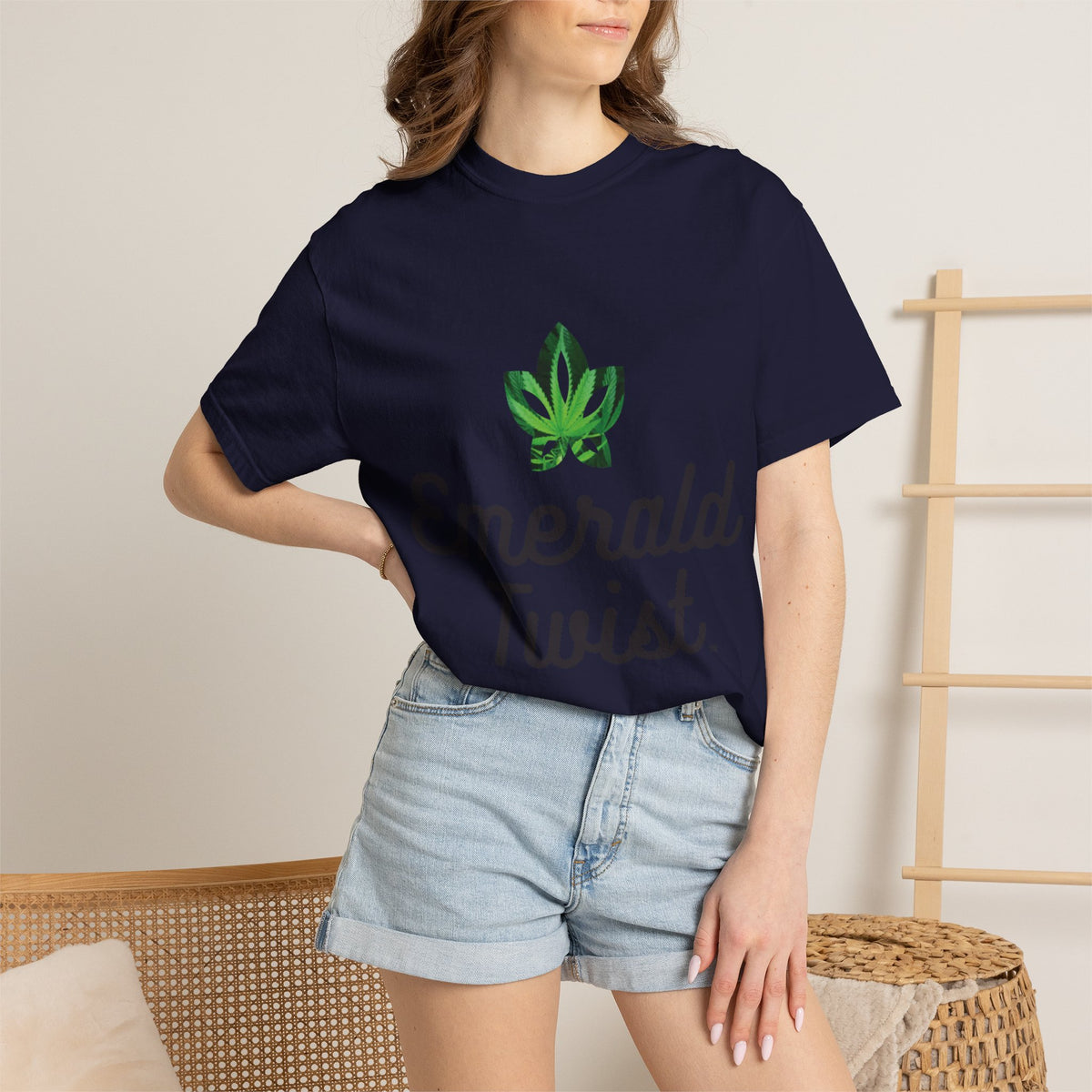 Emerald Twist T-Shirt — Retro Script Tee with Green Leaf Logo