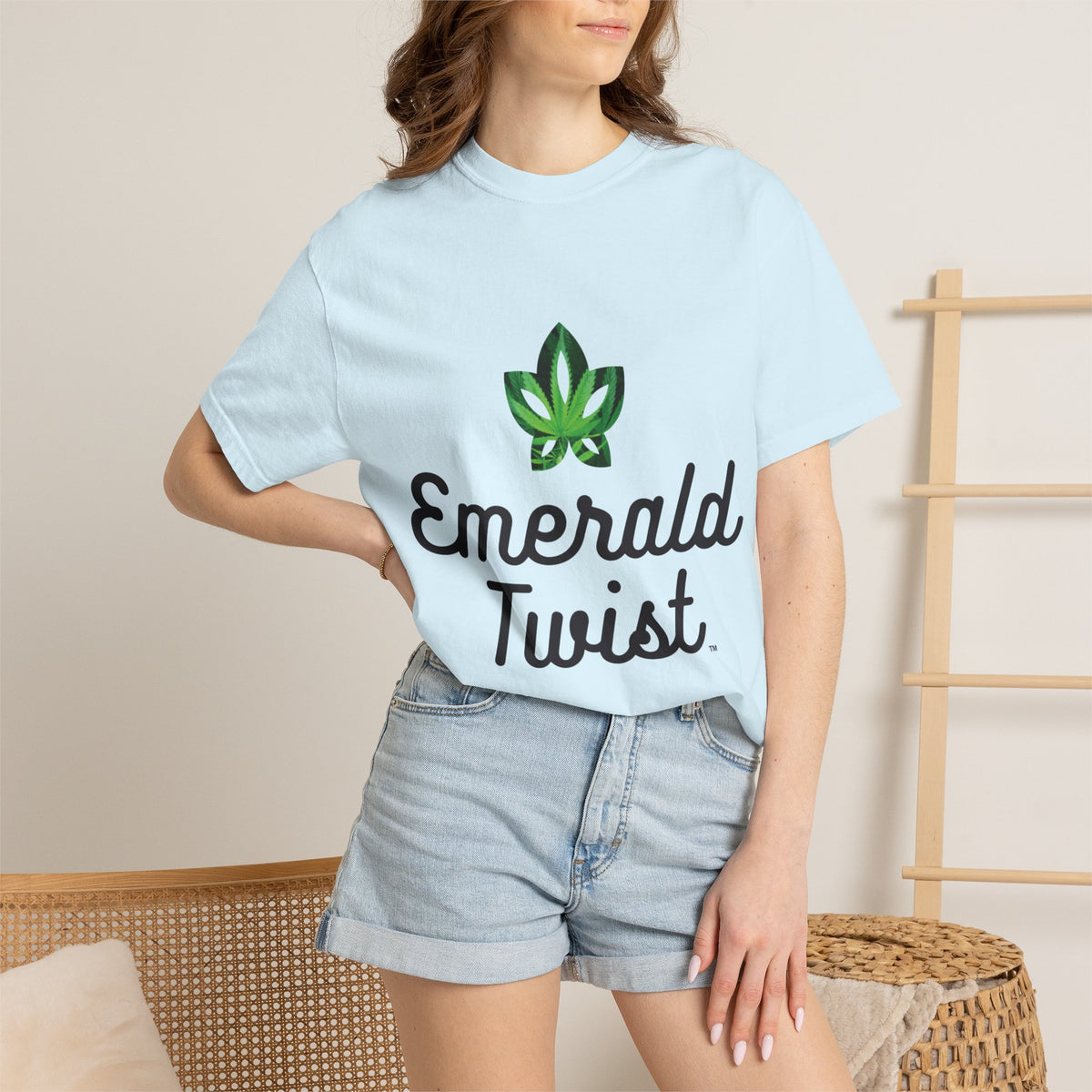 Emerald Twist T-Shirt — Retro Script Tee with Green Leaf Logo