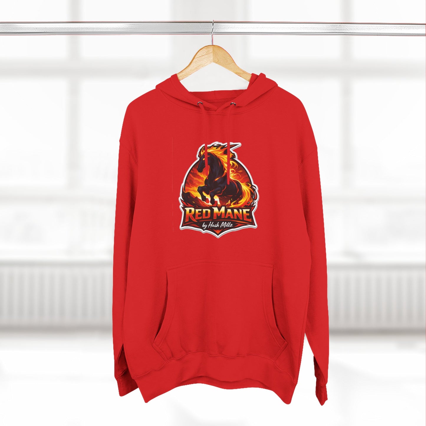 Red Mane Lion Logo Hoodie — Flame Graphic Three-Panel Fleece Hoodie