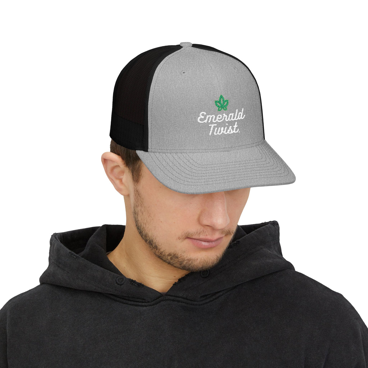 Emerald Twist Trucker Cap – Embroidered Leaf Snapback Hat