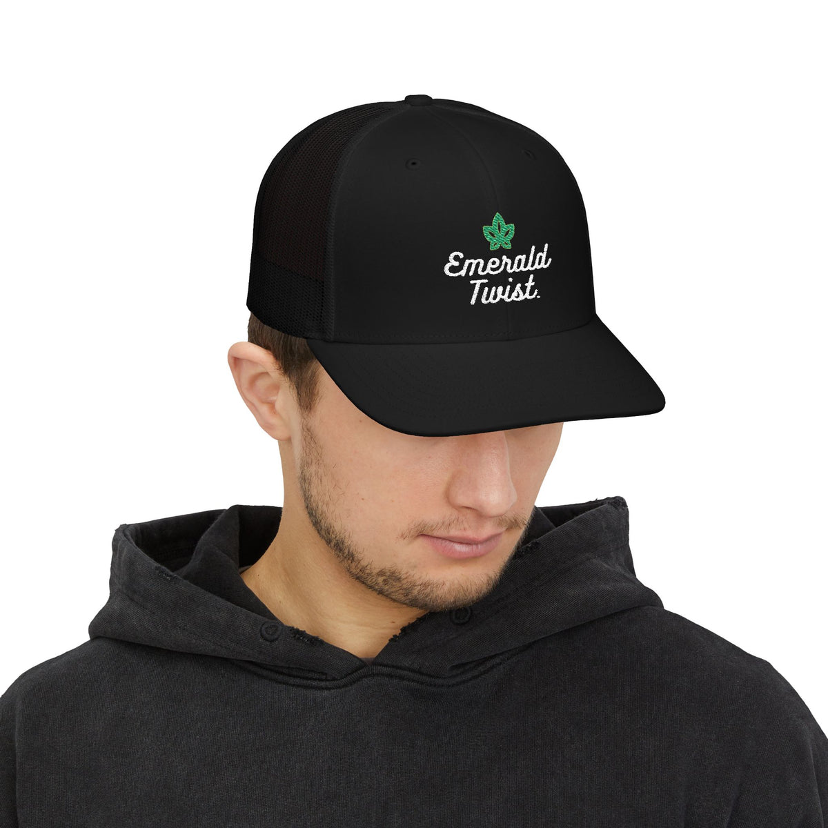 Emerald Twist Trucker Cap – Embroidered Leaf Snapback Hat