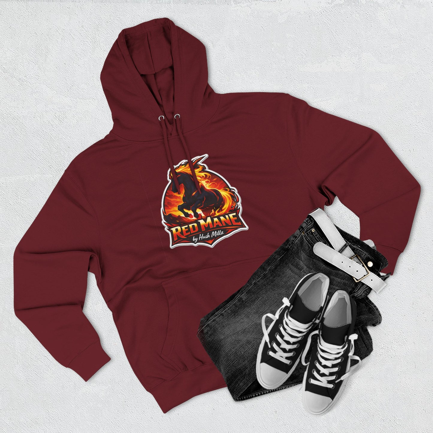 Red Mane Lion Logo Hoodie — Flame Graphic Three-Panel Fleece Hoodie
