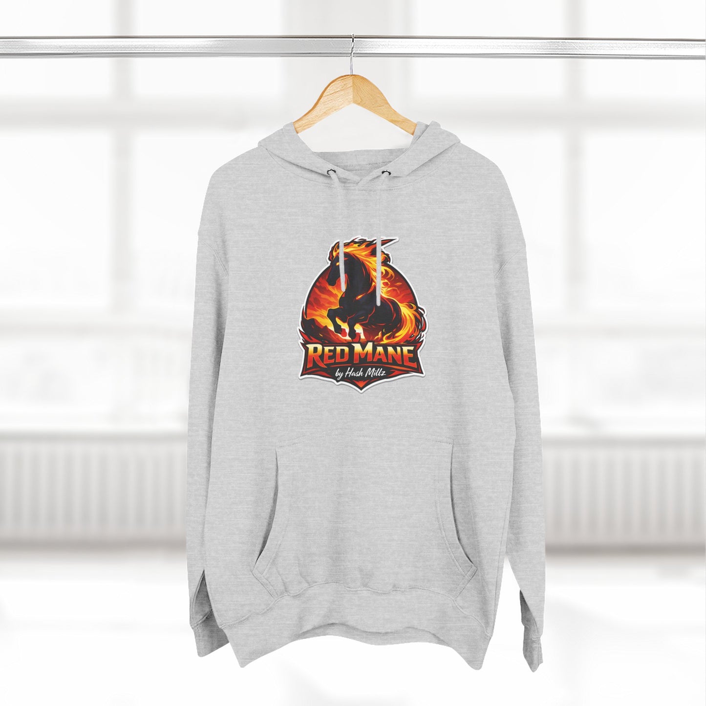 Red Mane Lion Logo Hoodie — Flame Graphic Three-Panel Fleece Hoodie