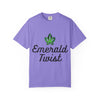 Emerald Twist T-Shirt — Retro Script Tee with Green Leaf Logo