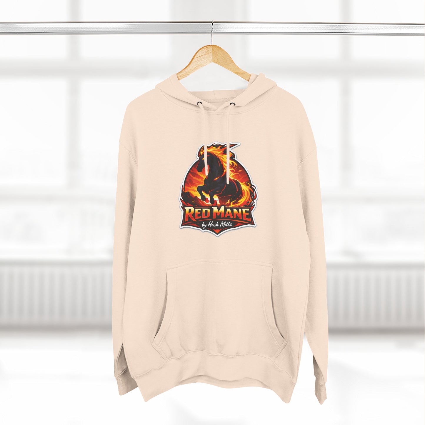 Red Mane Lion Logo Hoodie — Flame Graphic Three-Panel Fleece Hoodie