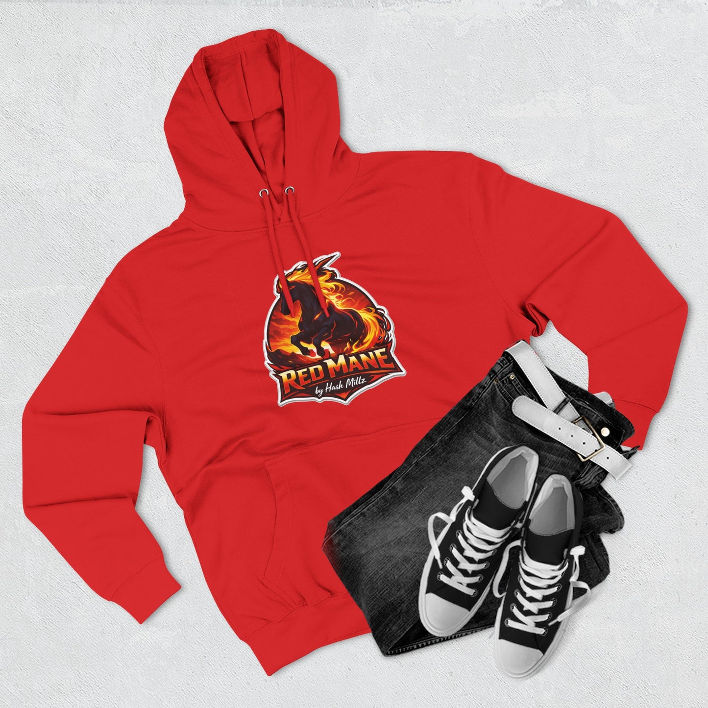Red Mane Lion Logo Hoodie — Flame Graphic Three-Panel Fleece Hoodie