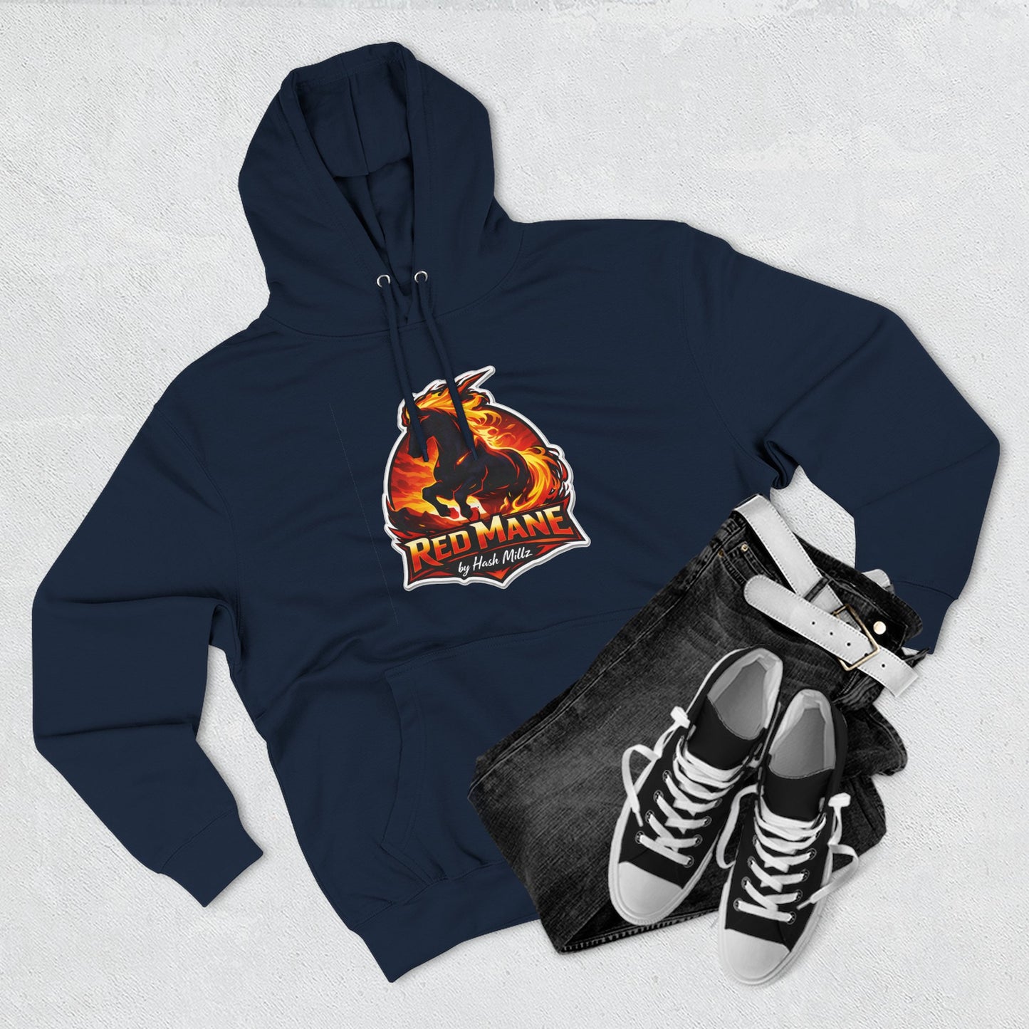 Red Mane Lion Logo Hoodie — Flame Graphic Three-Panel Fleece Hoodie