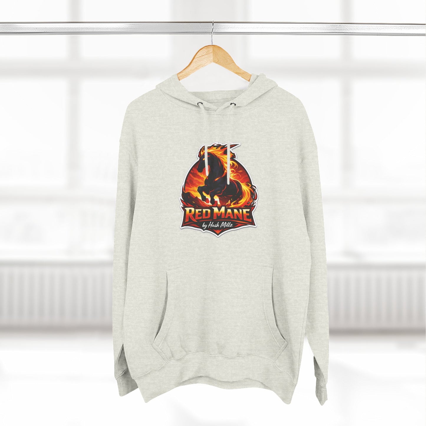 Red Mane Lion Logo Hoodie — Flame Graphic Three-Panel Fleece Hoodie