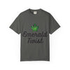 Emerald Twist T-Shirt — Retro Script Tee with Green Leaf Logo