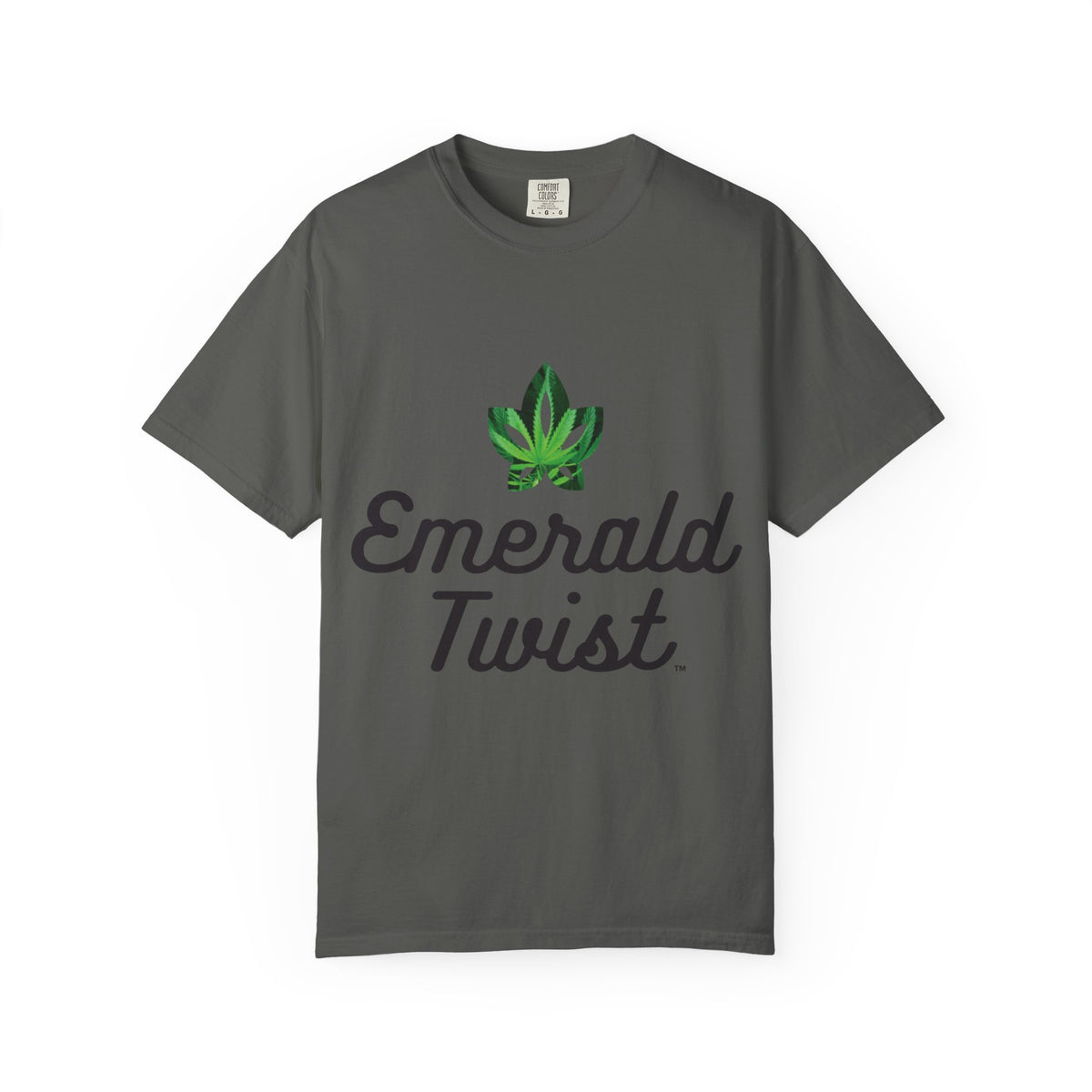 Emerald Twist T-Shirt — Retro Script Tee with Green Leaf Logo