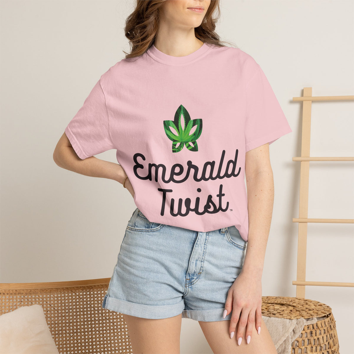 Emerald Twist T-Shirt — Retro Script Tee with Green Leaf Logo