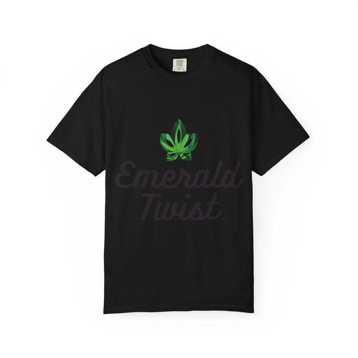Emerald Twist T-Shirt — Retro Script Tee with Green Leaf Logo