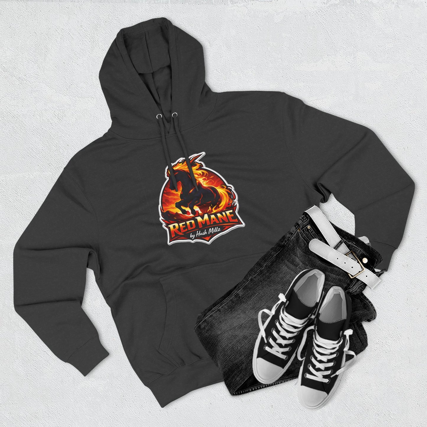 Red Mane Lion Logo Hoodie — Flame Graphic Three-Panel Fleece Hoodie