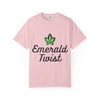 Emerald Twist T-Shirt — Retro Script Tee with Green Leaf Logo