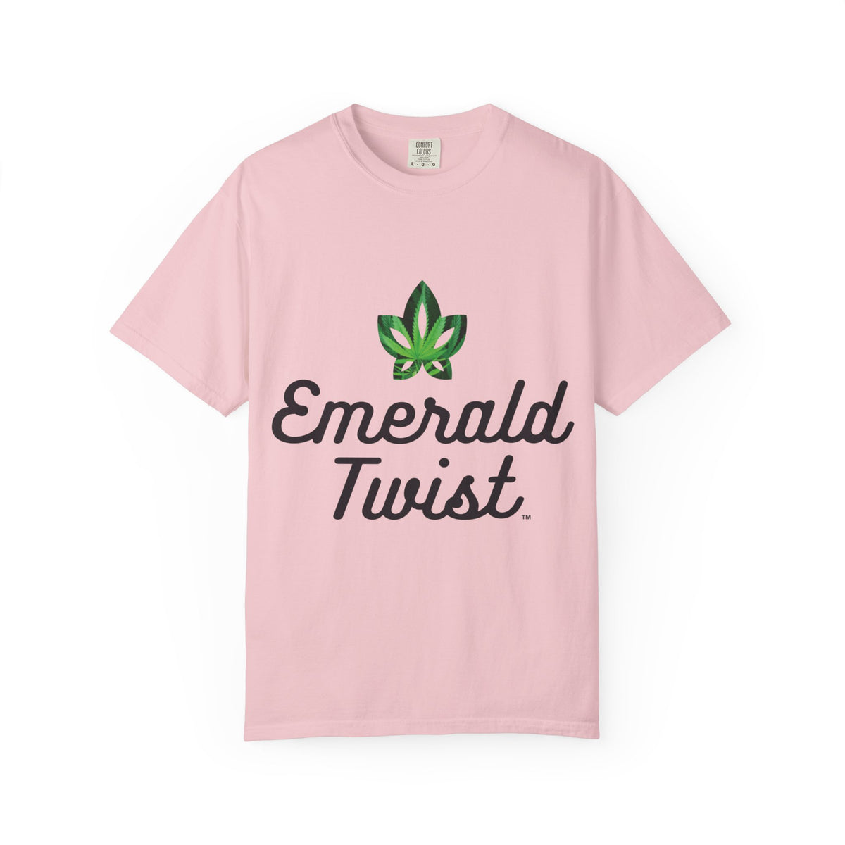 Emerald Twist T-Shirt — Retro Script Tee with Green Leaf Logo
